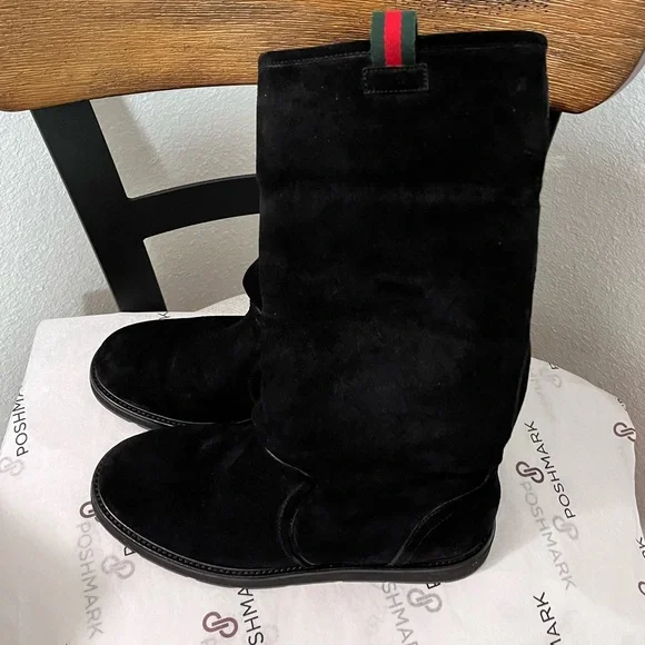 GUCCI SAINT MORITZ PRE-LOVED RARE AUTHENTIC BLK SUEDE LEATHERSHEARLING BOOTS
